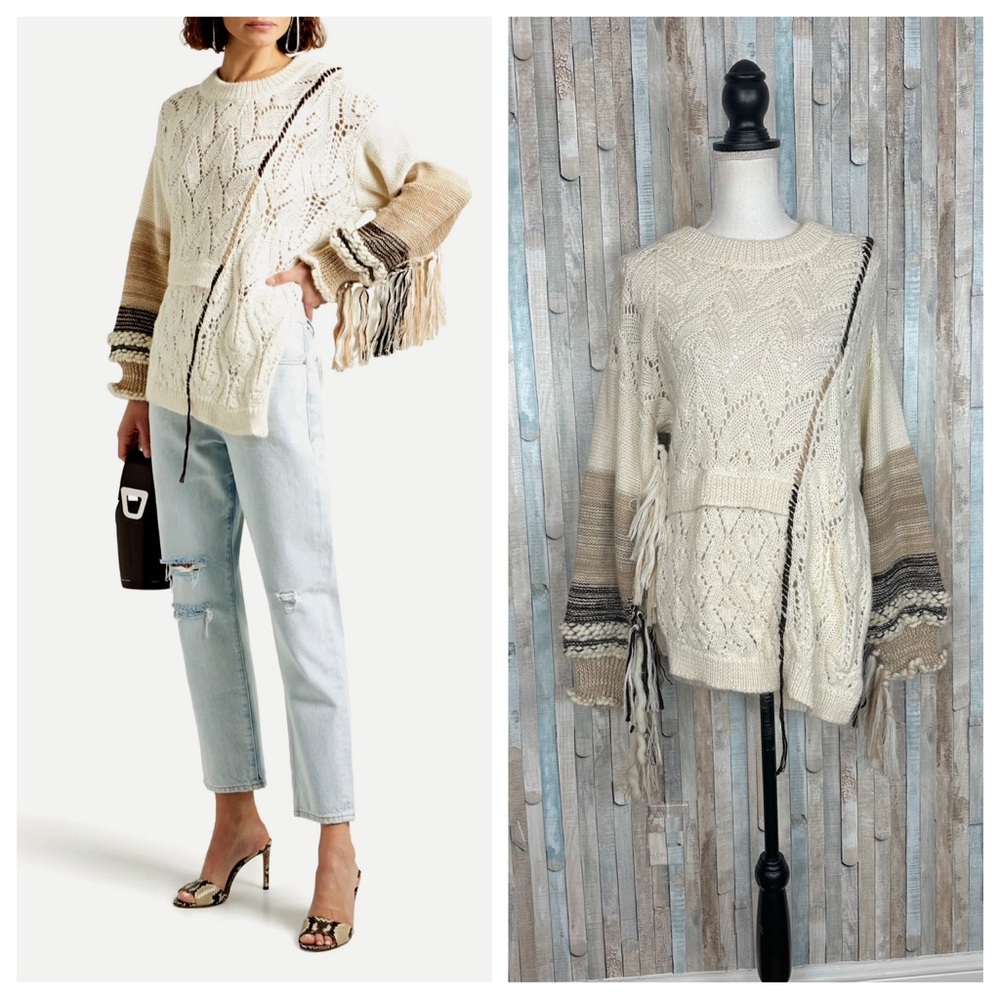 Jonathan Simkhai S Amalia Fringed Patchwork Baby Alpaca Knit Sweater Chunky $595